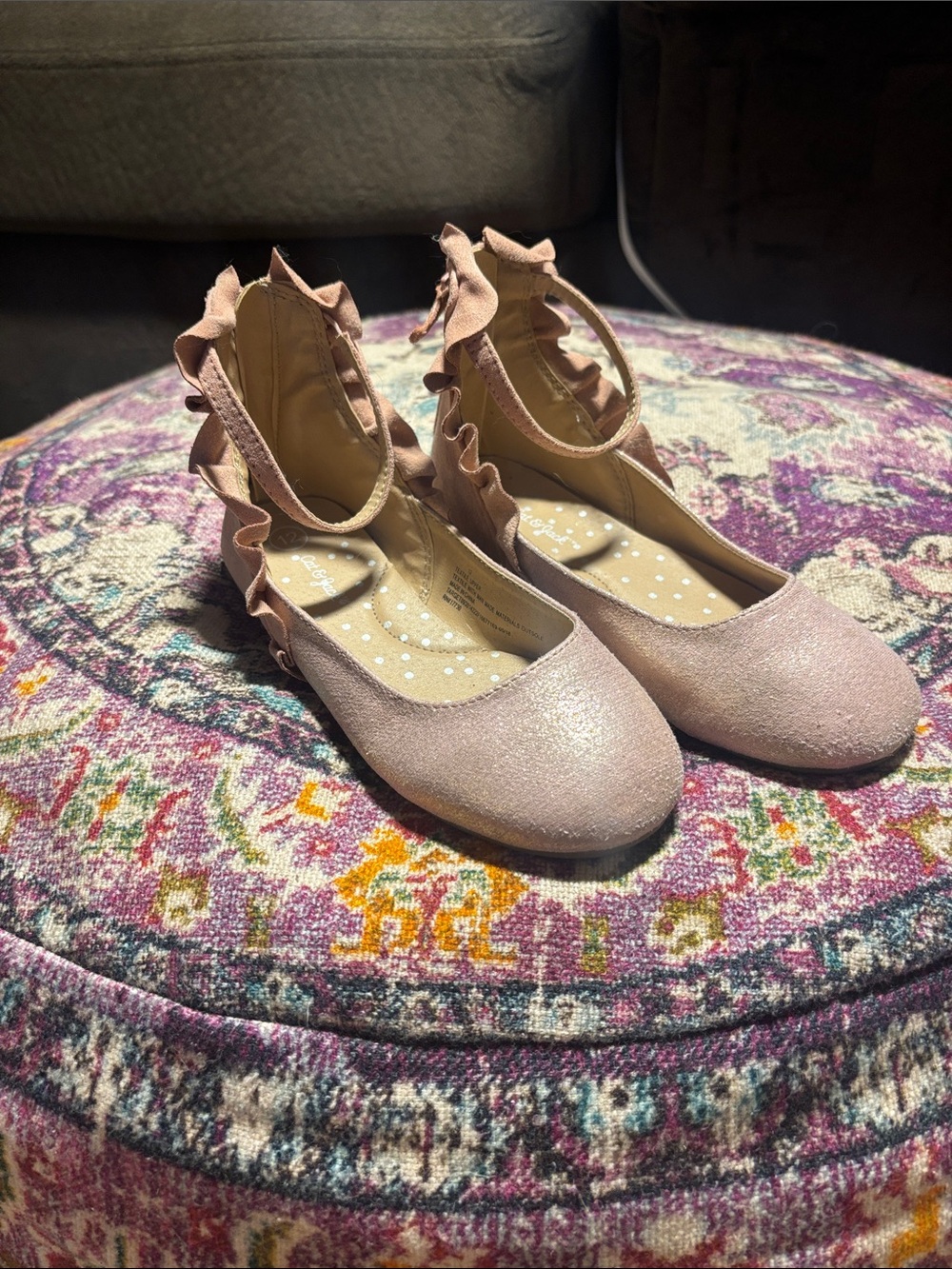 Cat & Jack Girls Ruffled Ankle-Strap Ballet Flats, Sparkly Blush Pink, Size 12